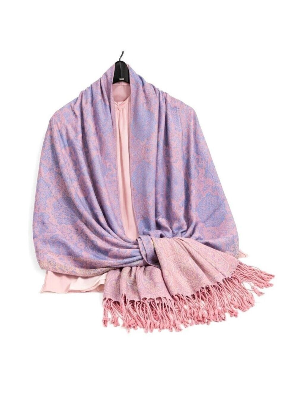 Dusty Blue & Blush Pink Paisley Scarf Shawl Wrap for Women, Large Soft Fringe